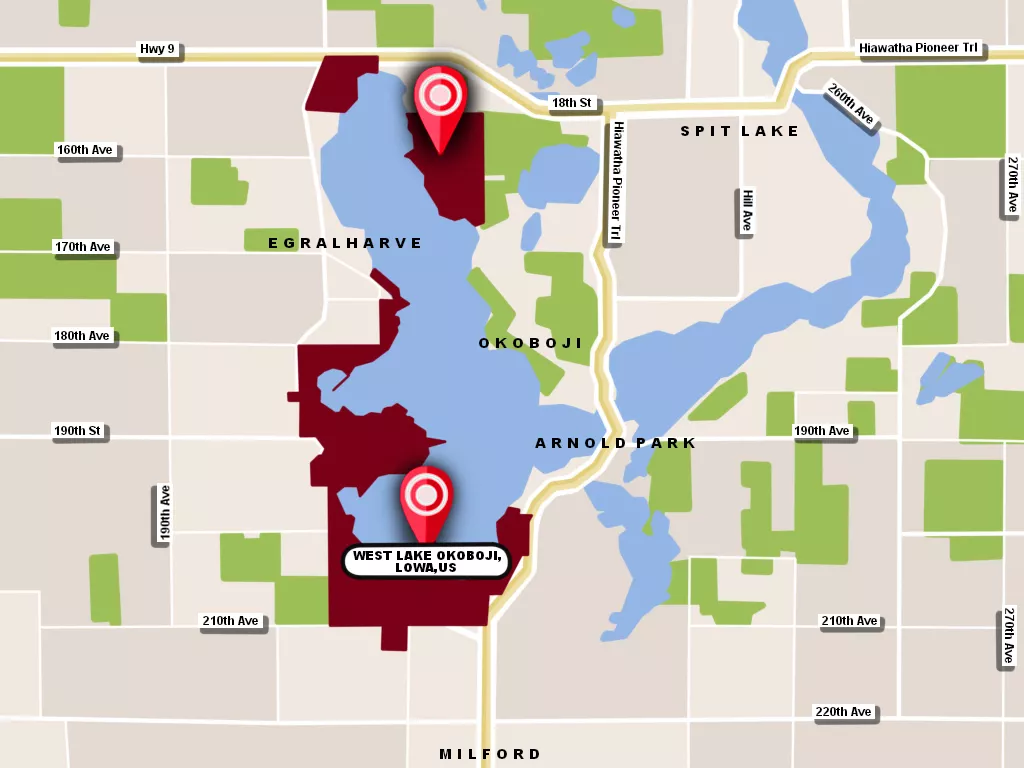 Custom Map Infographics for the west lake okoboji homes for sale Community Guide Page