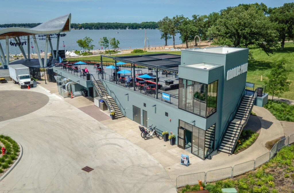 an aerial view of Lakeview Deck store