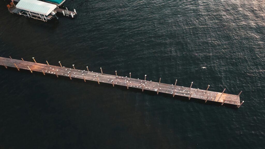 an aerial photo of a dock on the lake