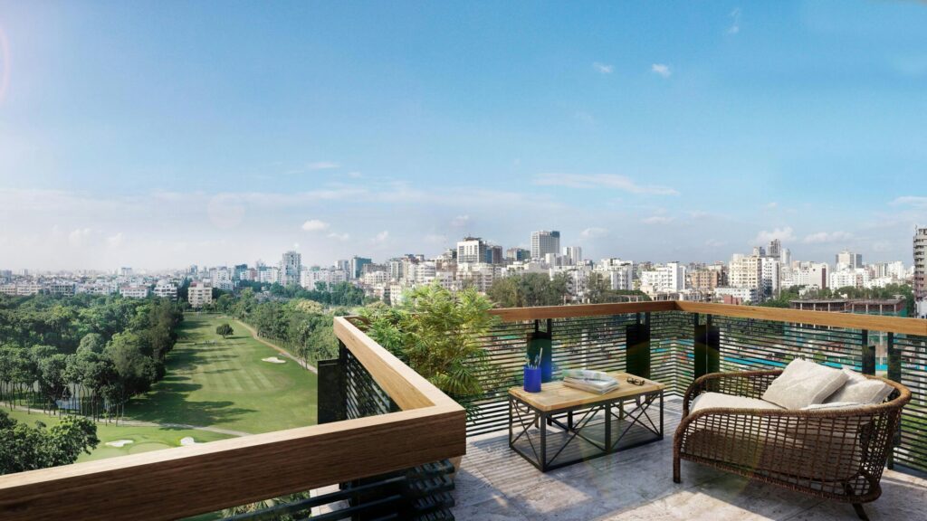 balcony overlooking a city and golf course