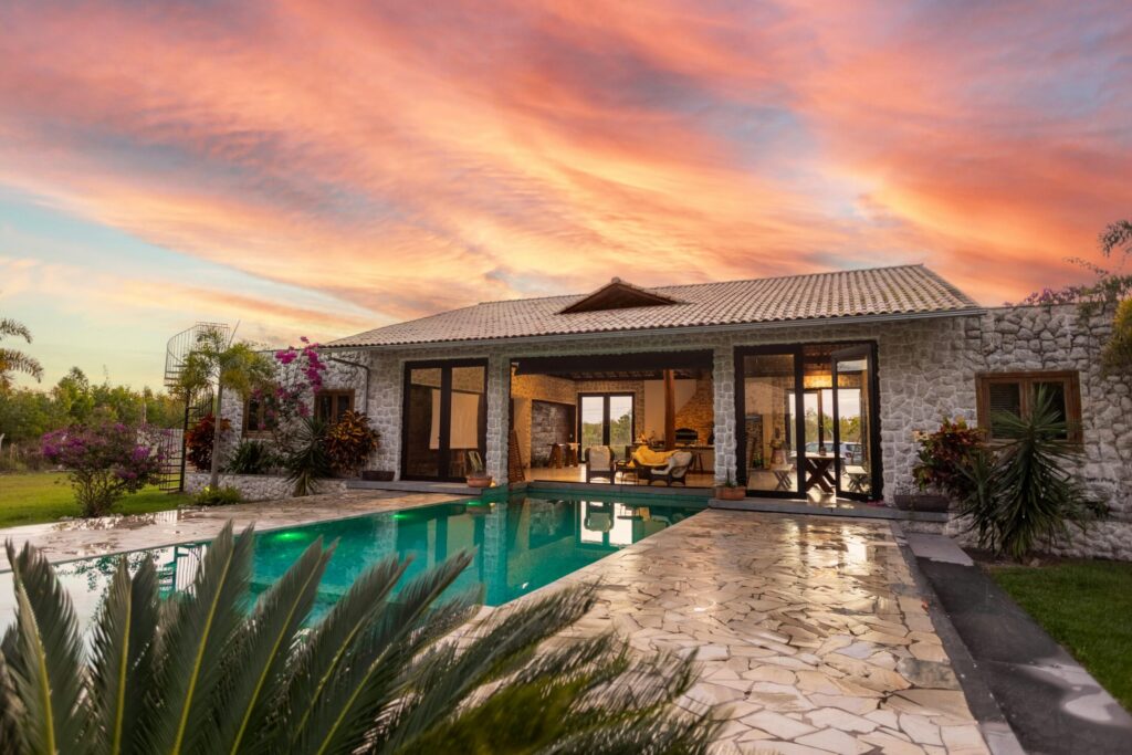 luxury stone villa with stunning sunset view