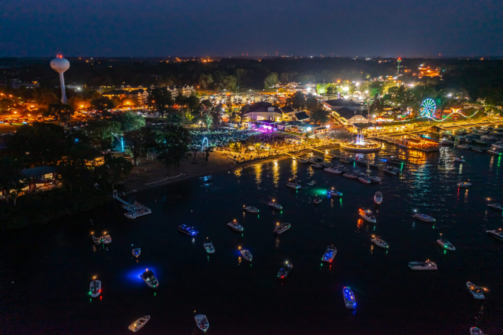 Smith's Bay on West Lake Okoboji off Arnolds Park Amusement Park at Night, By Okoboji Realty