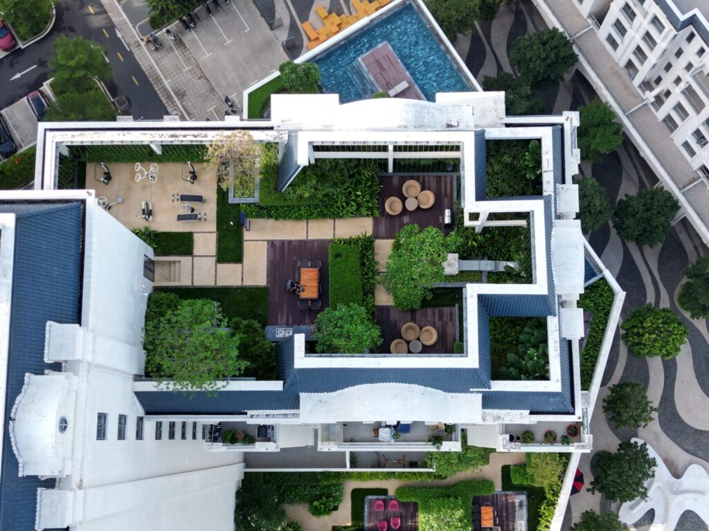aerial view of modern rooftop garden design
